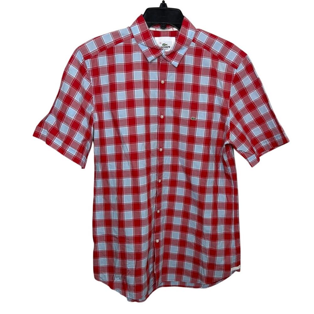 Lacoste Men Plaid Button Down Shirt Red Blue Grid Stitch Size 40 US Medium